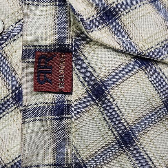 Real Ranch Shirt Mens L Large Blue Khaki‎ Pearl Snap Long Sleeve Western - Picture 6 of 9